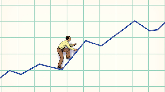 An illustration of a man making progress up a linear graph.