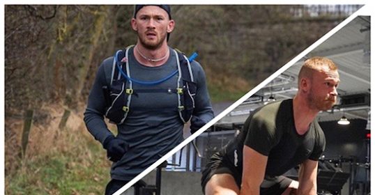 Two pictures of a man doing squats and lifting a barbell.
