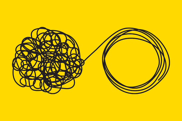 A black and white drawing of a tangled ball on a vibrant yellow background.