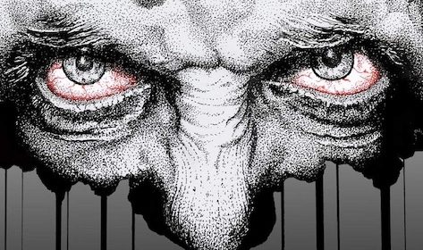 A black and white drawing of an old man with red eyes.