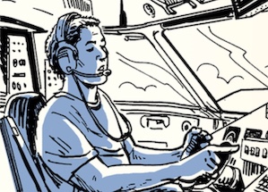 An illustration of a man sitting in the cockpit of a plane.