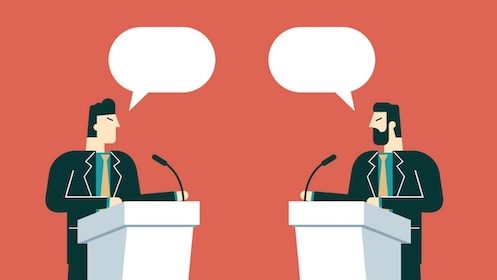 Two businessmen standing at podiums with speech bubbles, delivering a good argument.