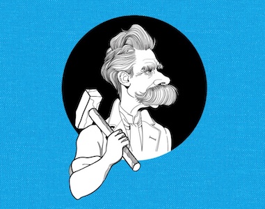 A man with a mustache joyfully holding a hammer on a blue background.