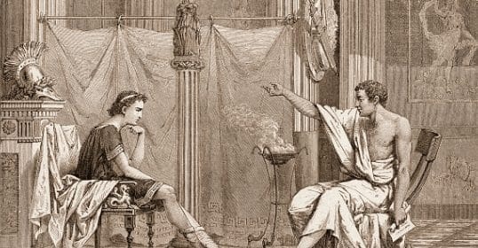 An old drawing of a man teaching a woman.