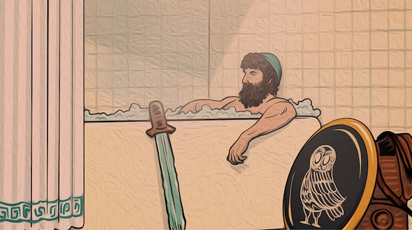 An illustrated bearded man in a cap relaxing in a Homeric bath with a sword and shield nearby.
