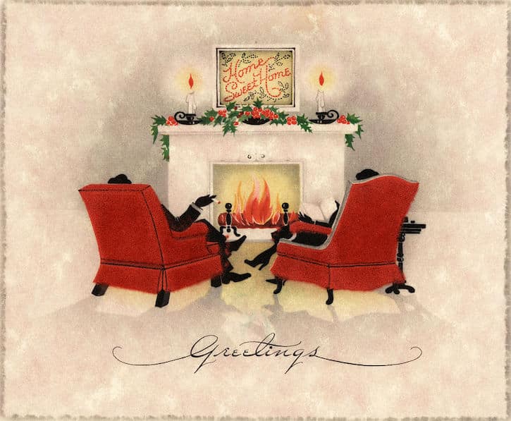 An illustrated holiday greeting card featuring foxes in red armchairs around a fireplace, capturing the Art of Manliness.