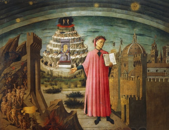Renaissance painting depicting Dante's Guide holding his epic poem "The Divine Comedy," with symbolic representations of hell, purgatory, and paradise in the background, illustrating his spiritual journey.