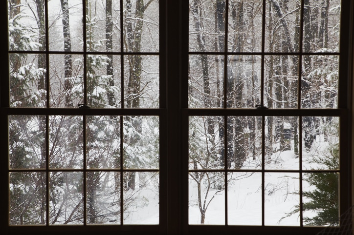 View of a snow-covered forest through a multi-pane window, inspiring one to make New Year's Resolutions.