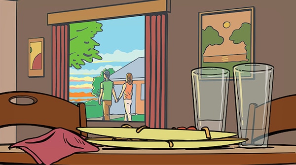 A couple holding hands looks out the window at the sunset, seen from an indoor perspective with an unfinished meal on the table, contemplating a restorative after-dinner walk.