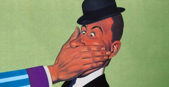 Illustration of a man in a hat being playfully slapped on the face by a large hand, symbolizing the power of silence.