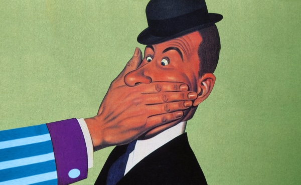 Illustration of a man in a hat being playfully slapped on the face by a large hand, symbolizing the power of silence.