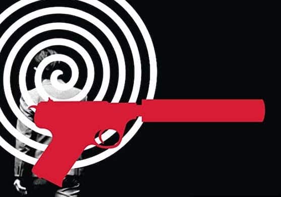 Red silhouette of a handgun against a black and white spiral background, evoking WWII secret warfare.