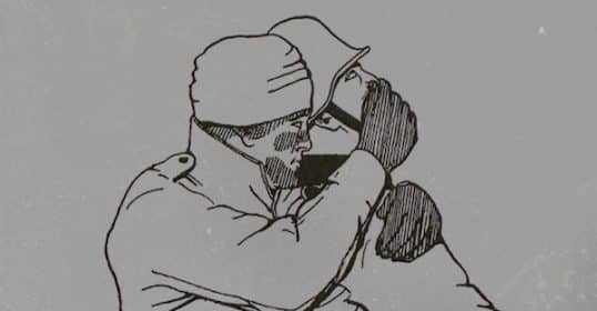 Illustration of a person in winter clothing looking through binoculars to take out sentry.