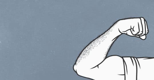 Flexed bicep illustration, optimized for testosterone podcasts, on a textured grey background.