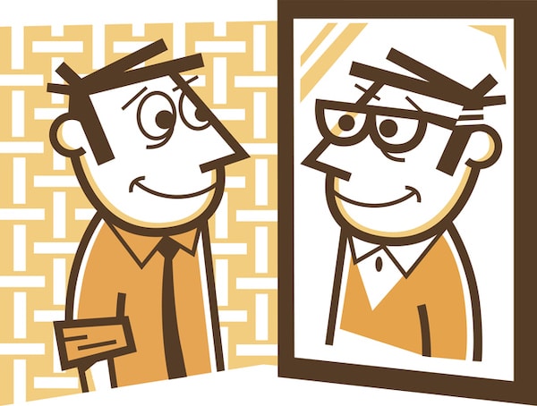 Illustration of a man admiring the success of his future self in a mirror.