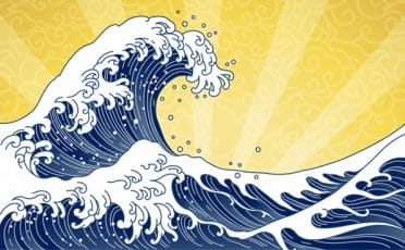 Illustration of a stylized blue wave with decorative Japanese patterns on a yellow background.
