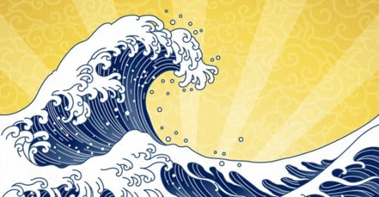 Illustration of a stylized blue wave with decorative Japanese patterns on a yellow background.