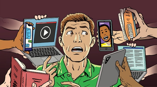 Man overwhelmed by multiple forms of media and information, unsure how to know what advice to follow.
