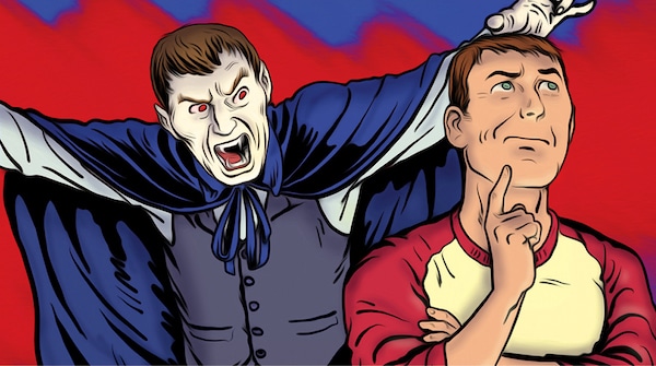A cartoon illustration of a pensive man seemingly unaware of a comical vampire problem looming behind him.