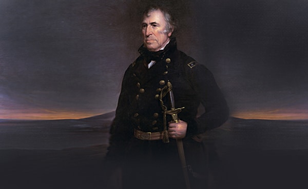 A portrait of a historical military figure, demonstrating leadership qualities, in uniform, holding a sword, with a dramatic sky in the background.