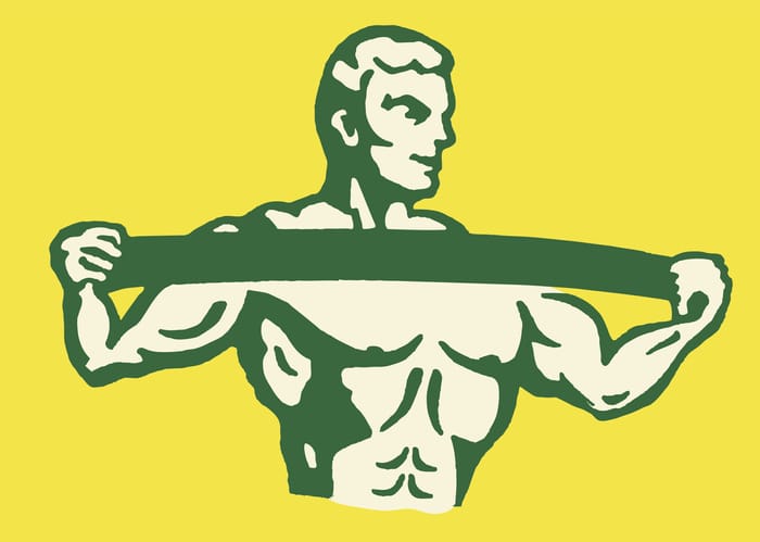 Illustration of a muscular figure opening his shirt on a yellow background, showcasing how to develop rugged flexibility.