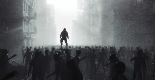 A lone figure stands elevated above a crowd shrouded in mist and uncertainty on a city street.