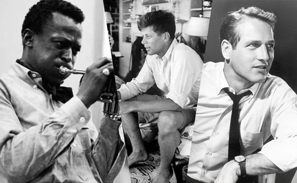 Three black and white portraits of men, likely from mid-20th century, each engaging in a different activity and showcasing men's fashion.