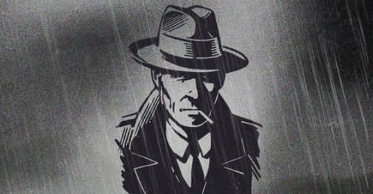 Monochromatic illustration of a gumshoe in a fedora and trench coat.