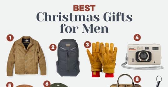 Top 15 collage of various gift ideas for men labeled for Christmas 2023, including clothing, accessories, and gadgets.