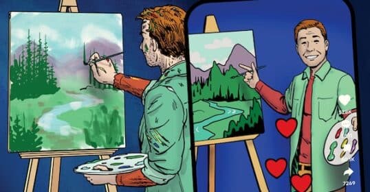 A cartoonist passionately embracing the act of painting on an easel with impeccable skill and focus, truly exemplifying the concept of 