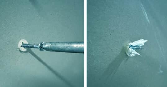 Two pictures demonstrating the essential technique to hang an object using drywall anchors.