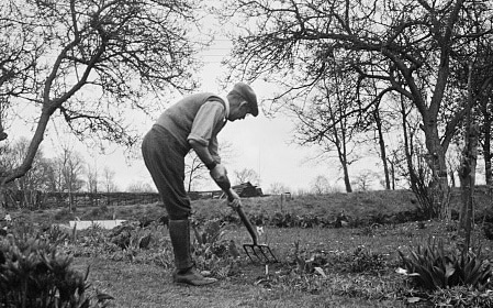 Minding an old black and white photo of a man in a garden.