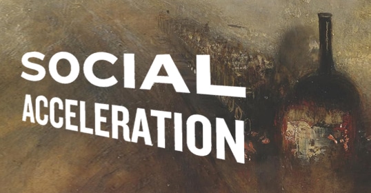 A textured abstract background with a dark bottle silhouette and the words "Social Acceleration Podcast #956" overlayed.