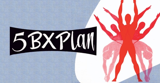 Illustration for the 5BX HIIT Workout plan featuring a banner with text and five red silhouettes of people performing exercises against a blue background.