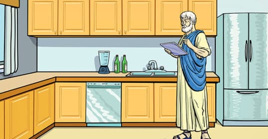 An illustration of an elderly man in ancient Greek attire, embodying the philosophy of household management, holding a tablet in a modern kitchen.