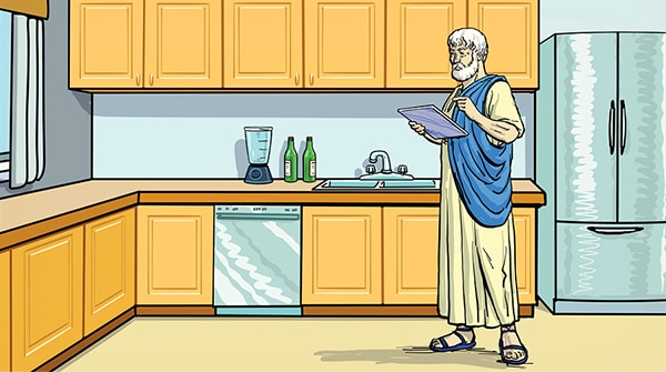 An illustration of an elderly man in ancient Greek attire, embodying the philosophy of household management, holding a tablet in a modern kitchen.