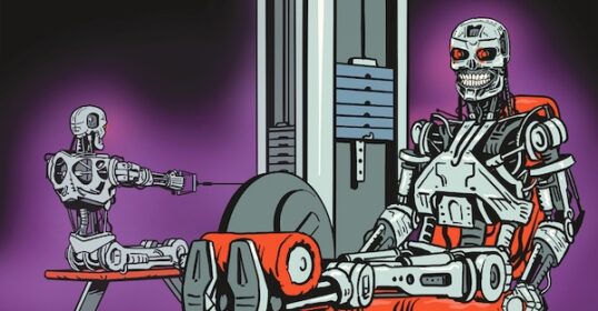 Two robots in a gym, one is lying on a bench pressing a barbell, the other is spotting, showcasing the latest advances in Artificial Intelligence.