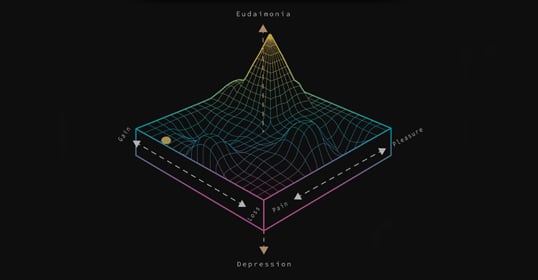 3D graph with a peak labeled "happiness" surrounded by axes for depression, pleasure, and virtue, depicted on a black background with colorful grid lines.