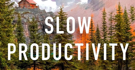 Mountain cabin surrounded by forest with the words 'pseudo-productivity' overlaid.