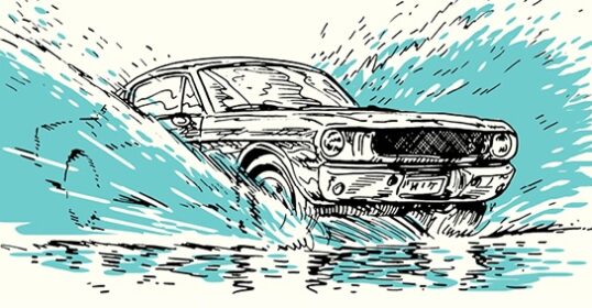 Illustration of a vintage car hydroplaning through water, depicted in a dynamic sketch style with bold lines and shading.