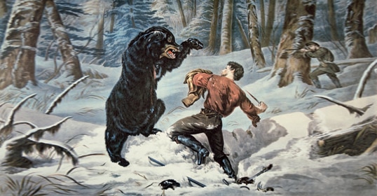A man in a red shirt and black pants is attacked by a black bear in a snowy forest while another man holding a rifle stands in the background, reminiscent of the epic adventures of America's Forgotten Mountain Man.