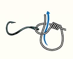 Illustration showing a fishing hook tied with a knot as part of a step-by-step process. An arrow indicates the direction for threading the line through the knot, ideal for any fisherman mastering their fishing knots.