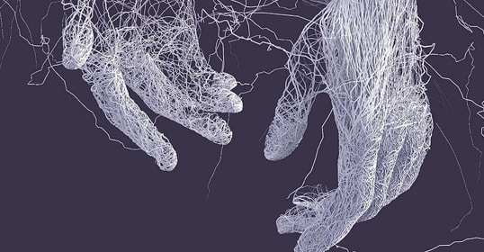 Abstract representation of two hands constructed from a network of thin white lines on a dark background, symbolizing the intricate connections and vital skills essential in reclaiming proficiency in technology.