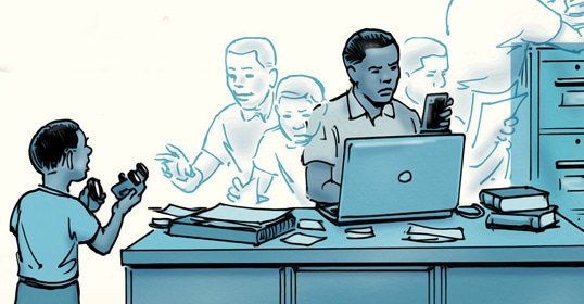 A person sits at a desk with a laptop and phone, appearing stressed from life admin. Another person approaches the desk, holding items. Several hand-drawn figures behind the seated person suggest overwhelming activity.