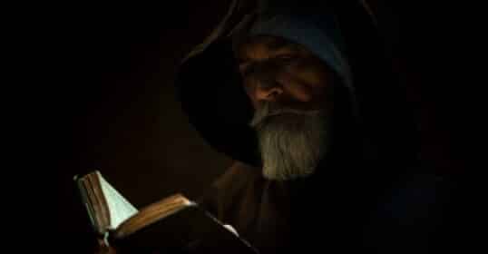 A bearded man in a dark hooded robe reads an illuminated book in low light, embracing his spiritual disciplines.