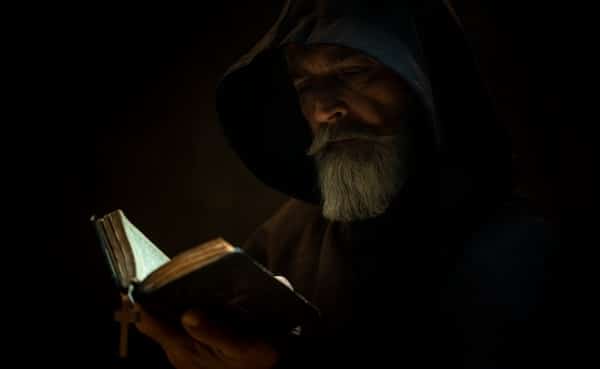 A bearded man in a dark hooded robe reads an illuminated book in low light, embracing his spiritual disciplines.