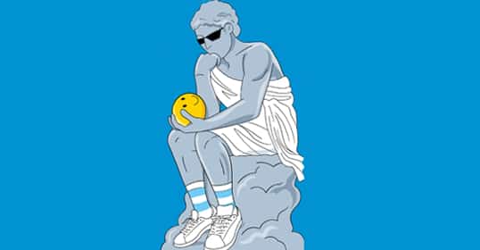 A statue of a seated classical figure in sunglasses, modern sneakers, and striped socks, holding a yellow smiley face ball, set against a bright blue background—a visual echo of "Happier Man" tackling philosophy-inspired challenges.