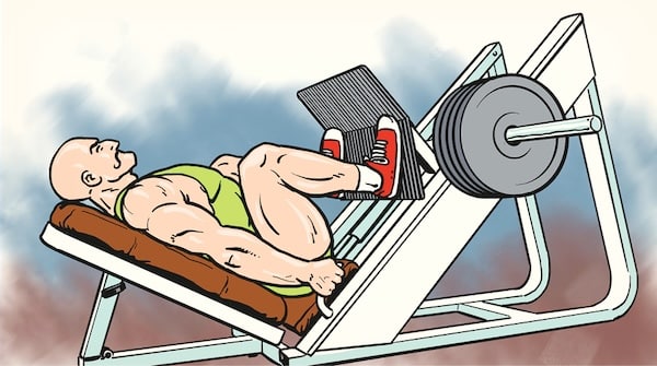Cartoon of a muscular man perfecting his leg press techniques while wearing a green tank top and red shoes.