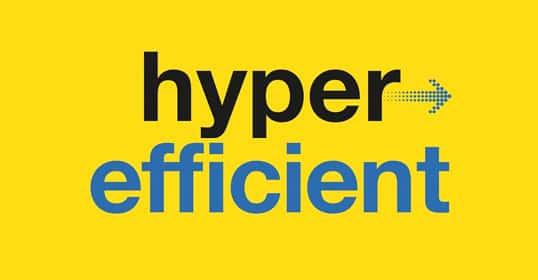 The words "hyper efficient," with "hyper" in black and "efficient" in blue on a yellow background, illustrate peak performance. An arrow—symbolizing momentum—integrates into the word “hyper,” urging you to shift the gears toward unparalleled success.