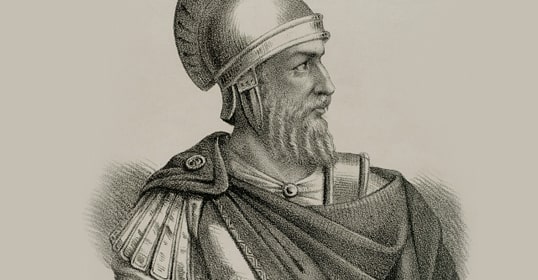 This black and white illustration depicts a bearded man in ancient armor, wearing a helmet and toga, reminiscent of a historic figure from Bible times, looking to the left.